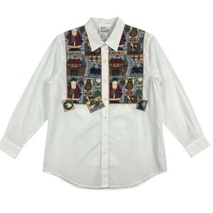 The Quacker Factory Button Up Shirt Womens Large White Noahs Noel Christmas